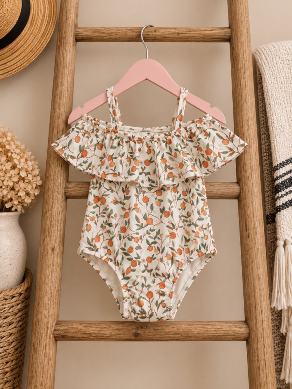 Rylee + Cru Valencia Citrus Floral Ruffle Swimsuit 6-9M